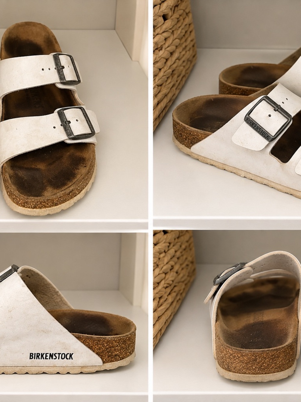Birkenstock Women’s White Two-Strap Arizona Sandals with Metal Buckles